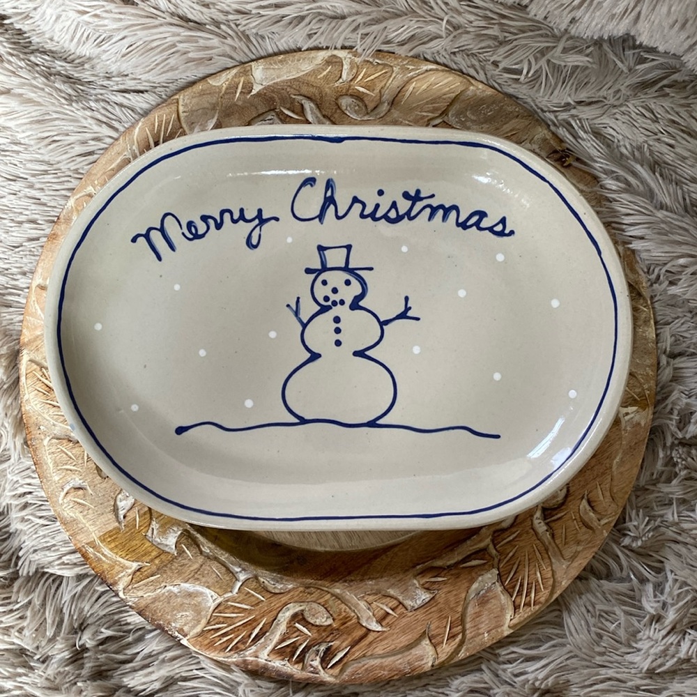 VINTAGE HANDMADE KEMPER POTTERY OVAL 12” SNOWMAN CHRISTMAS PLATTER EUC RARE FIND